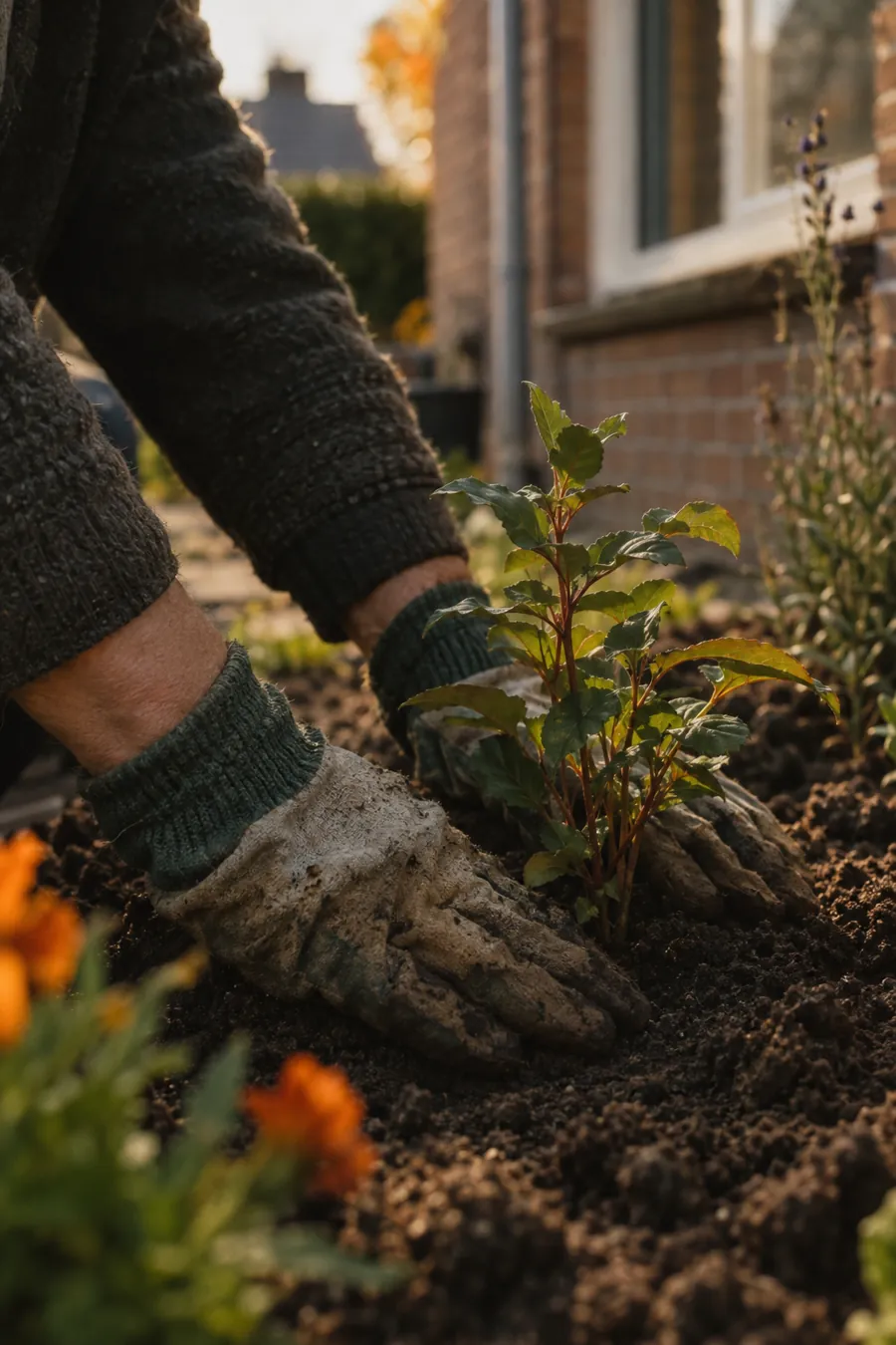 Handen in werkhandschoenen planten een struik in een voortuin