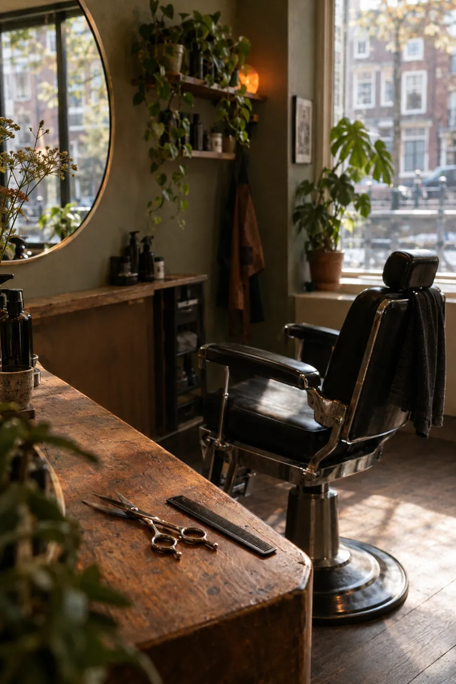 Lege kappersstoel en een schaar op een houten werkblad in een kapsalon