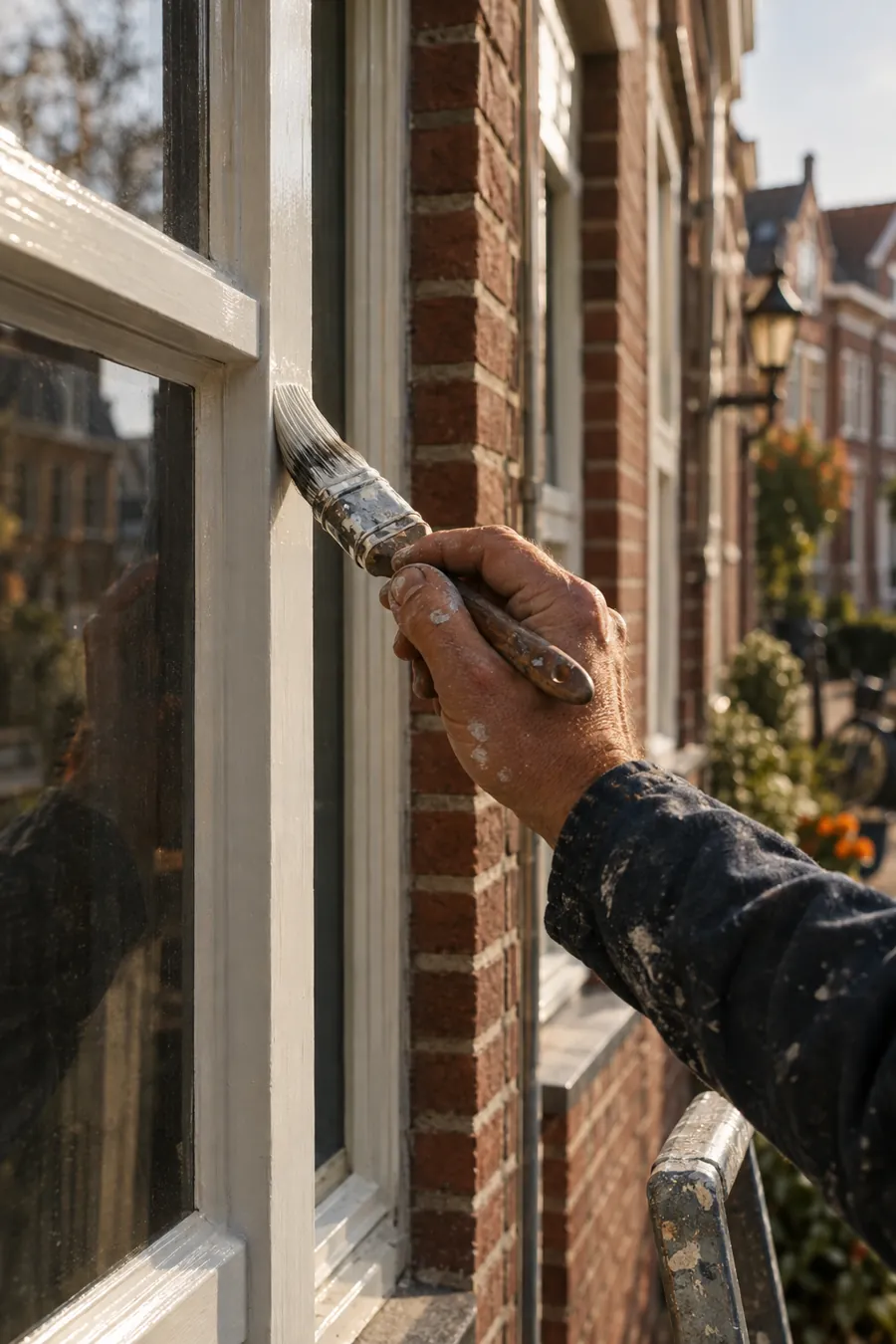 Schilder schildert een houten kozijn van een bakstenen huis